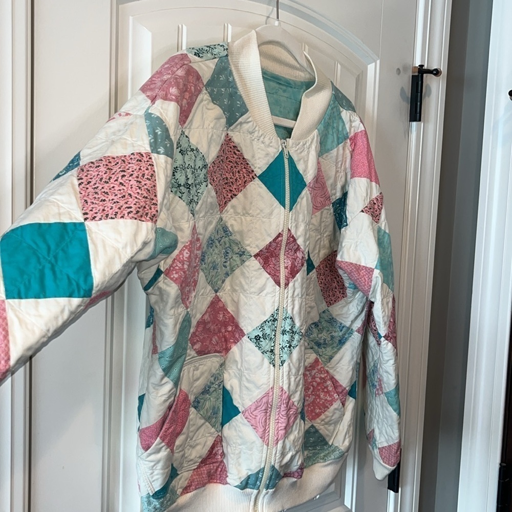 Vintage boho folk grandma quilt square pink teal patchwork zip jacket XL XXL - Picture 3 of 14
